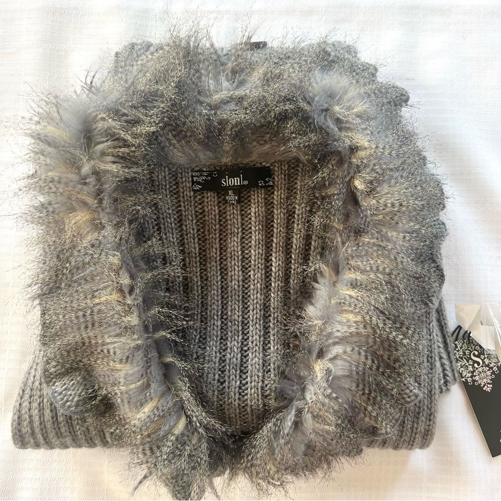 Sioni Y2K Faux Fur Cable Knit Longline Wool Blend Sweater Vest Cardigan SZ XL - Picture 16 of 16